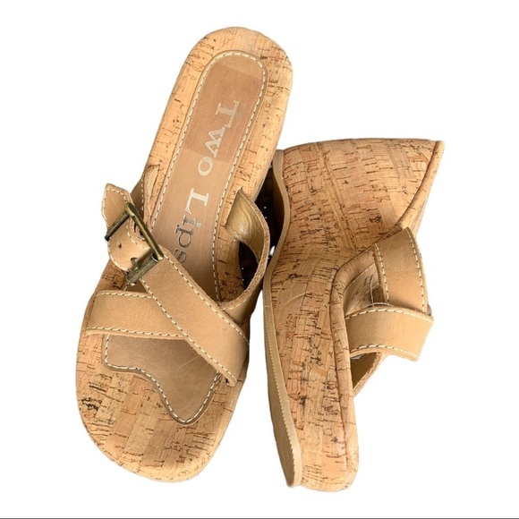 Two Lips Aloha Slides Leather Crisscross Buckle Cork Platform Wedge Sandal 7M - Picture 3 of 9